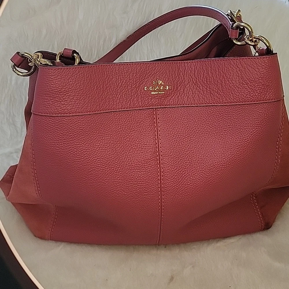 COACH Lexy Large Pink Rose Pebbled Leather‎ Suede Double Handle Shoulder Bag